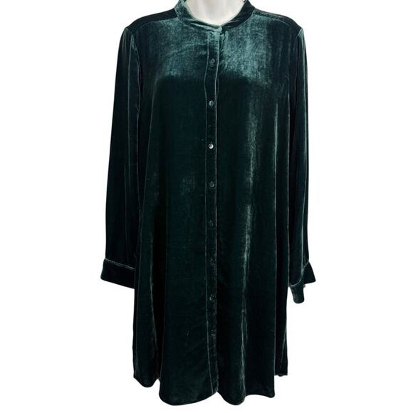 Eileen Fisher Velvet Long Sleeve Button Up Silk Blend Shirt Style Dress sz M - Picture 1 of 16
